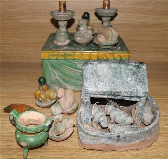 A Han style pottery model of a pig sty and a Ming Sancai offering table